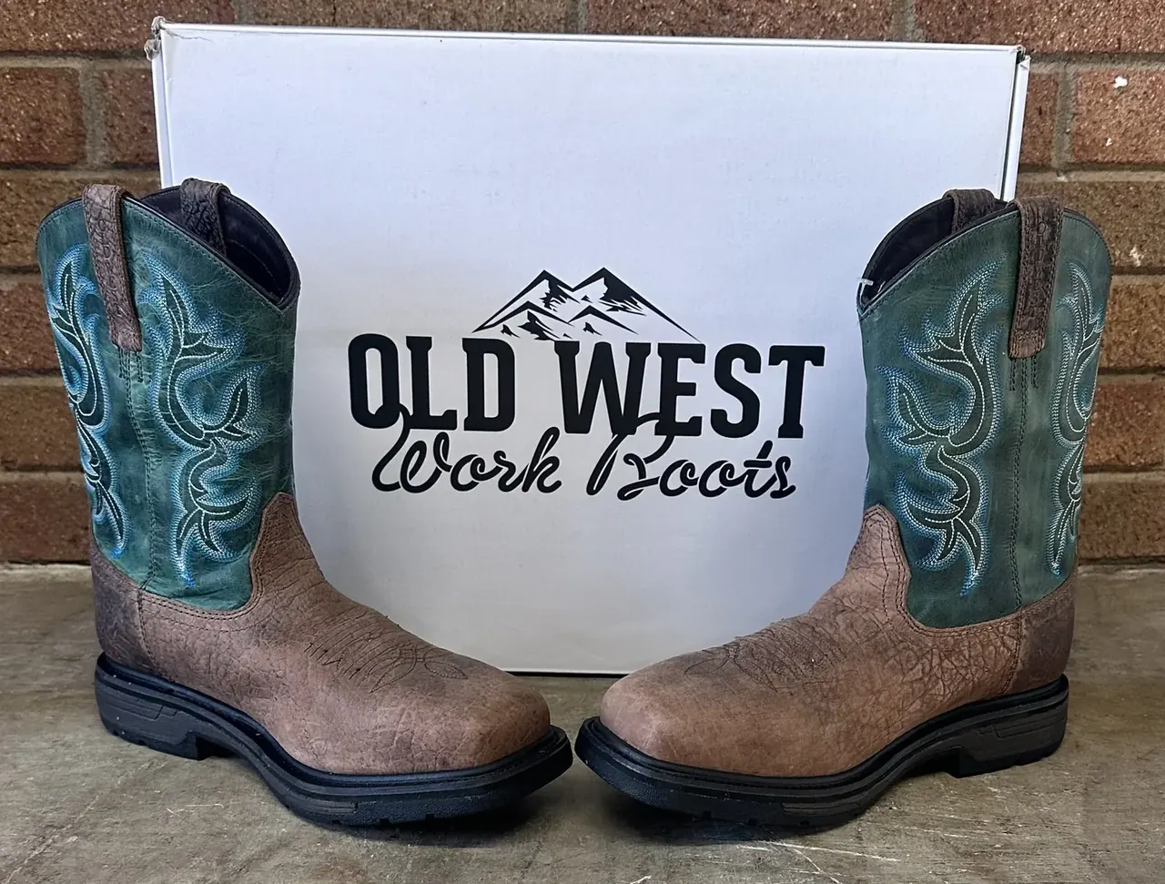 Old West work boots with box in store